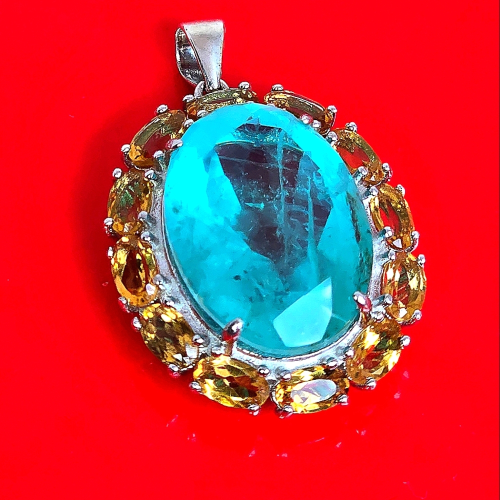 925 Sterling Silver Pendant with Paraiba Doblet Quartz 1.3x1.8cm/Natural Citrine
